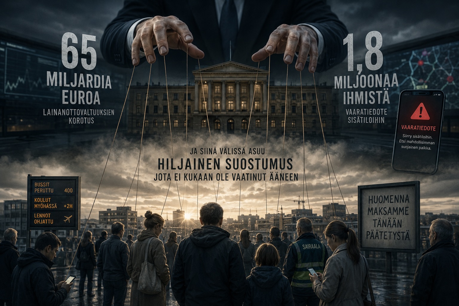Hätä tulee ylhäältä, lasku jää alas ja siinä välissä asuu hiljainen suostumus jota ei kukaan ole vaatinut ääneen