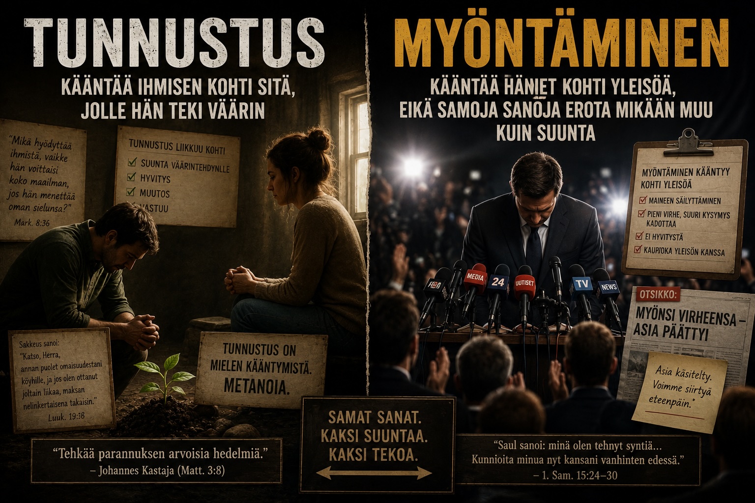 Tunnustus kääntää ihmisen kohti sitä, jolle hän teki väärin, myöntäminen kääntää hänet kohti yleisöä, eikä samoja sanoja erota mikään muu kuin suunta