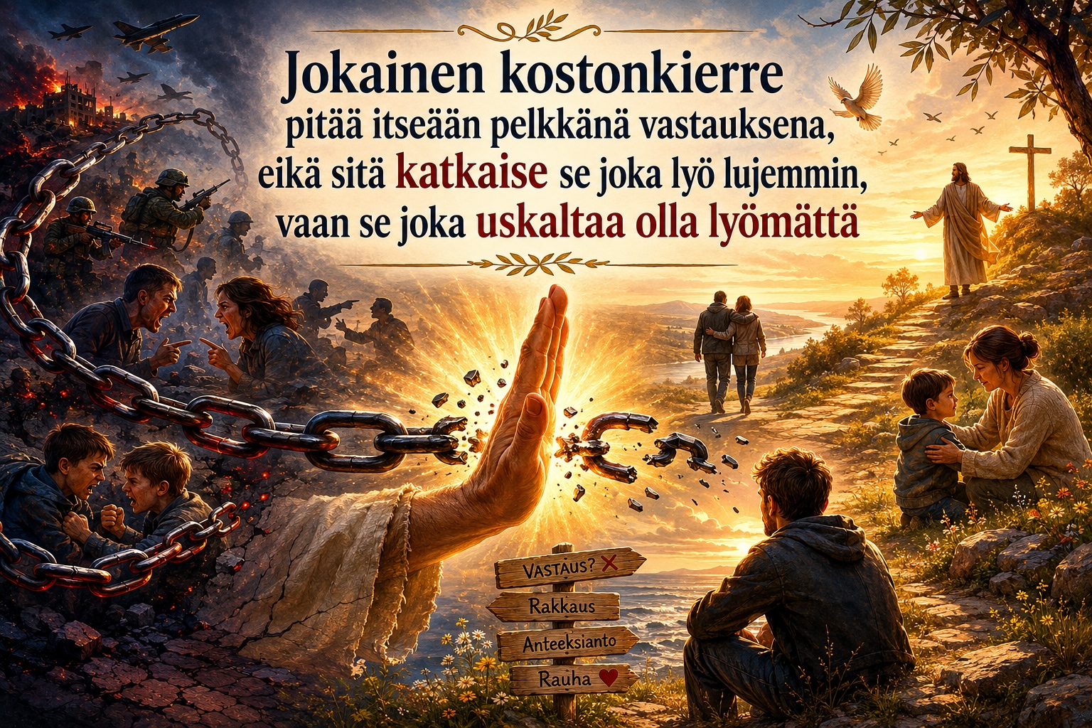 Jokainen kostonkierre pitää itseään pelkkänä vastauksena, eikä sitä katkaise se joka lyö lujemmin, vaan se joka uskaltaa olla lyömättä