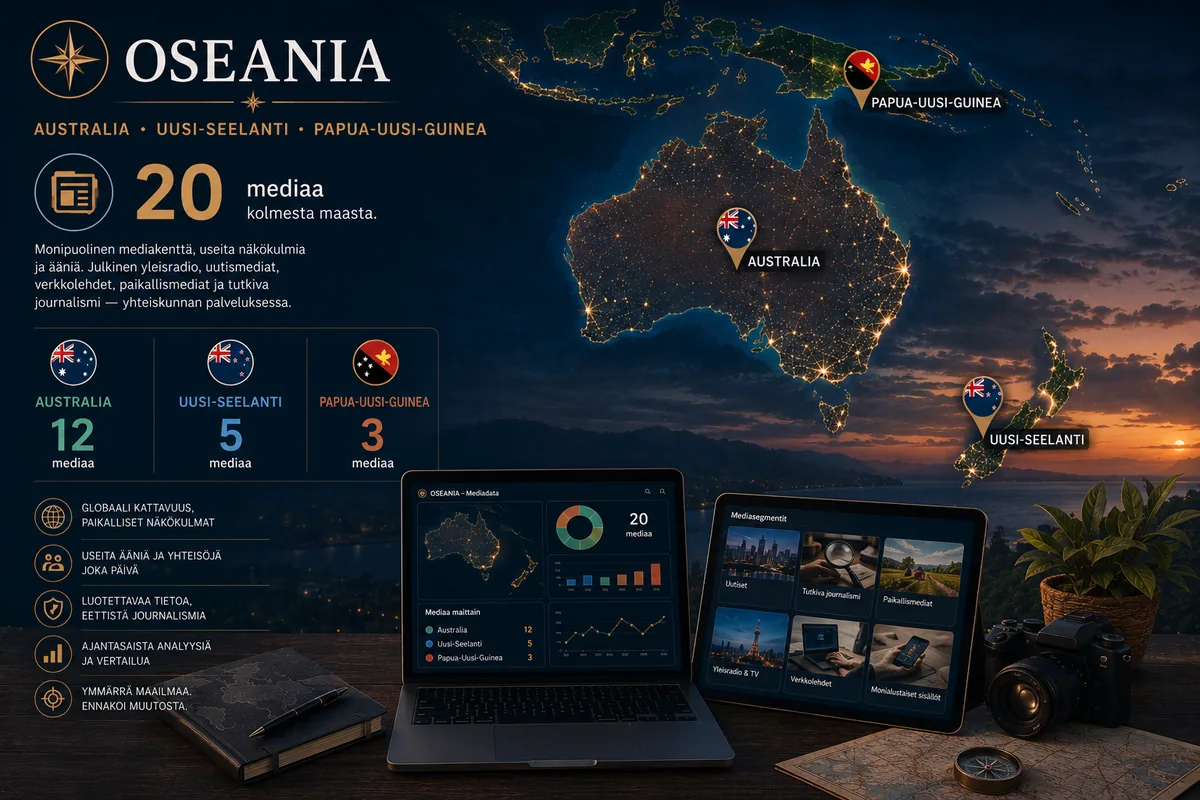 Oseania — Australia, Uusi-Seelanti ja Papua-Uusi-Guinea: 20 mediaa kolmesta maasta