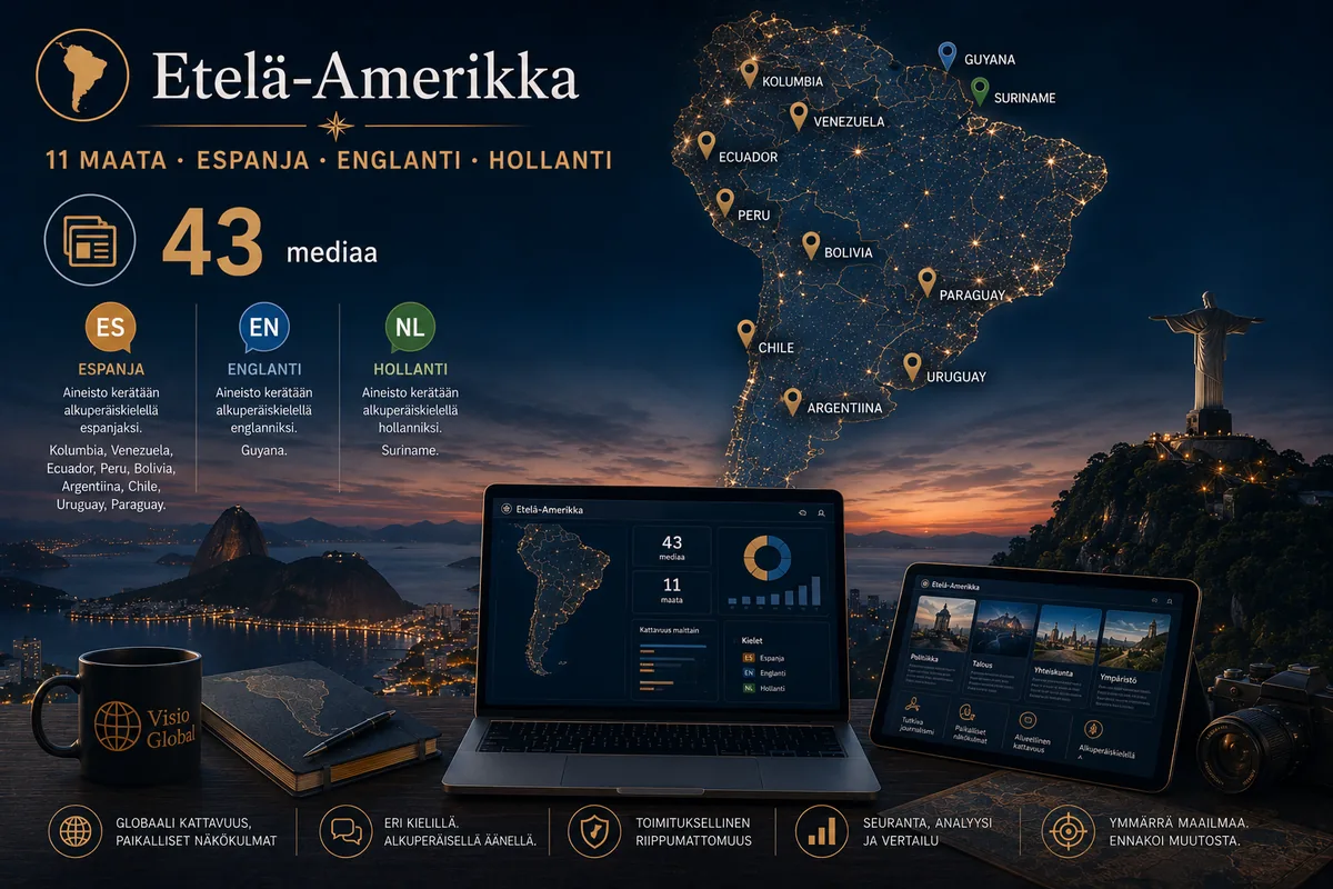 Etelä-Amerikka — 11 maata, espanja, englanti ja hollanti: 43 mediaa