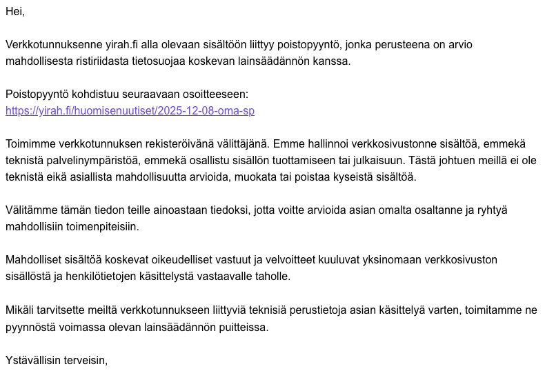 Poistopyyntö 8.12.2025